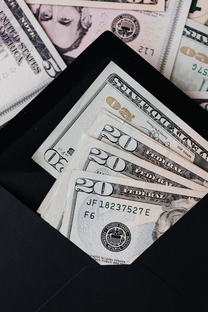 Close-up of US dollar bills in a black envelope, symbolizing savings or budgeting.